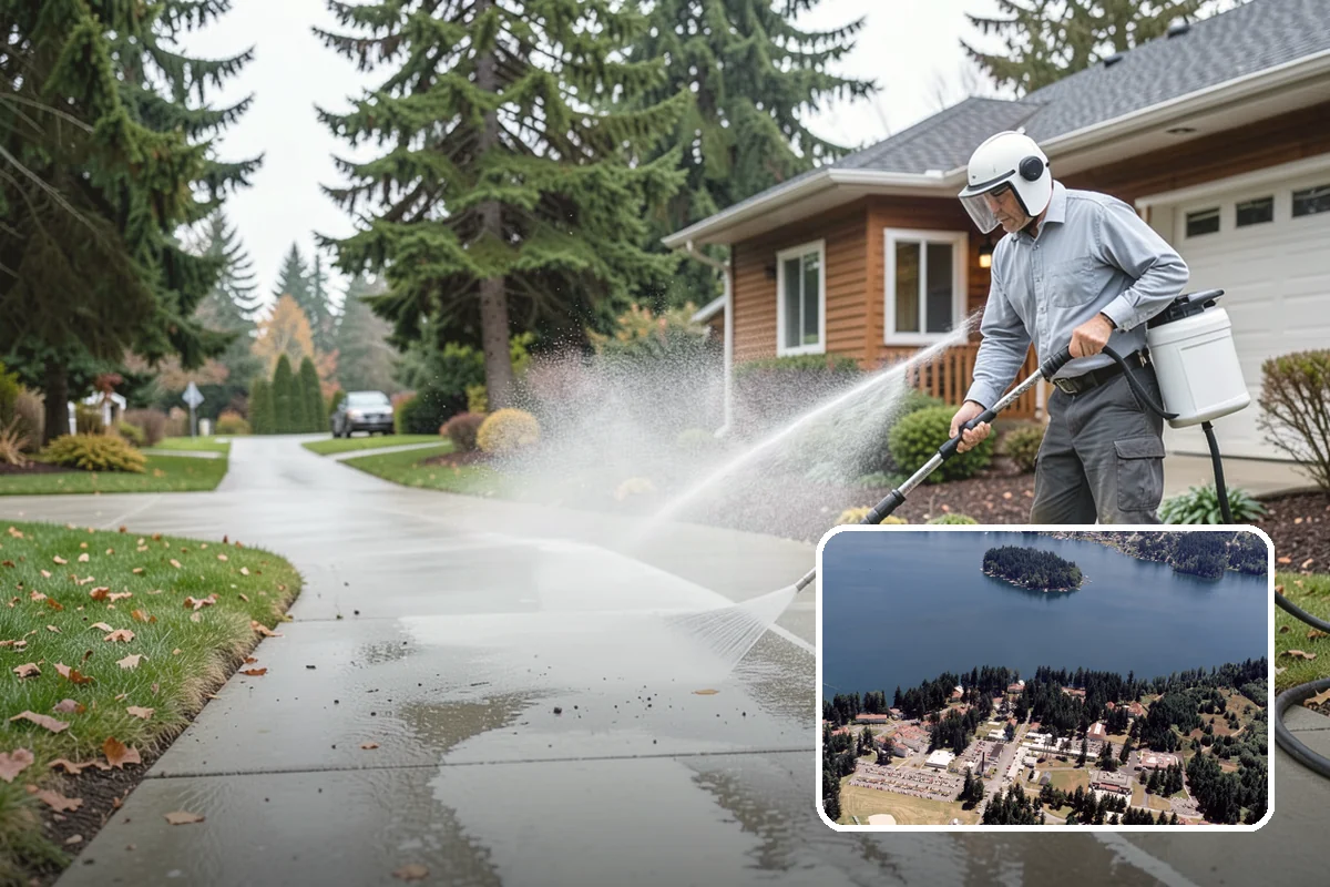 Patio Cover Cleaning in Lakewood, Pierce County, WA - Clears heavy needle and moss buildup from the cover top
