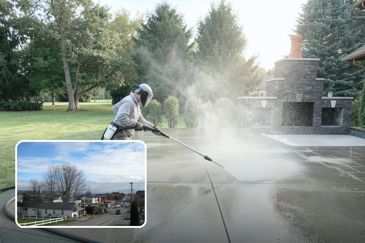 Patio Cover Cleaning in Langley, Island County, WA - Clears heavy needle and moss buildup from the cover top