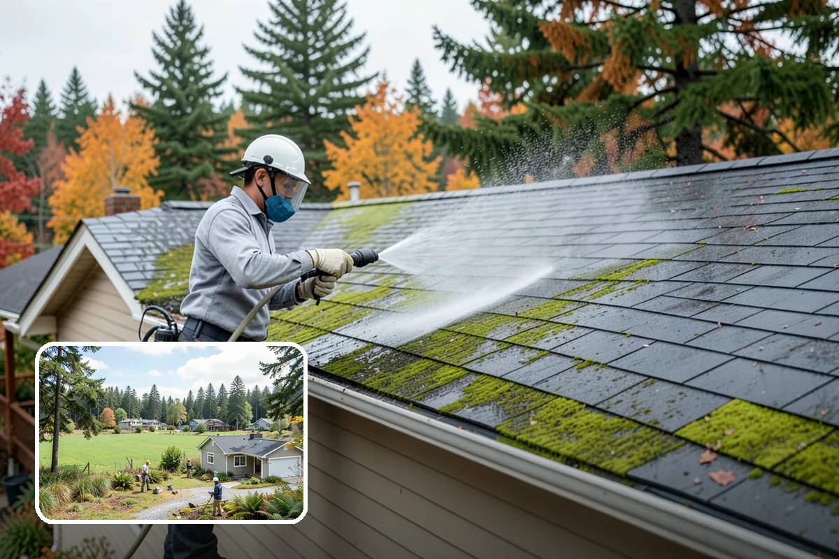 Patio Cover Cleaning in Lyman, Skagit County, WA - Clears heavy needle and moss buildup from the cover top