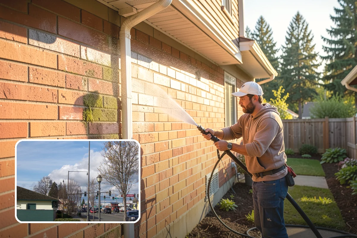 Patio Cover Cleaning in Marysville, Snohomish County, WA - Clears heavy needle and moss buildup from the cover top