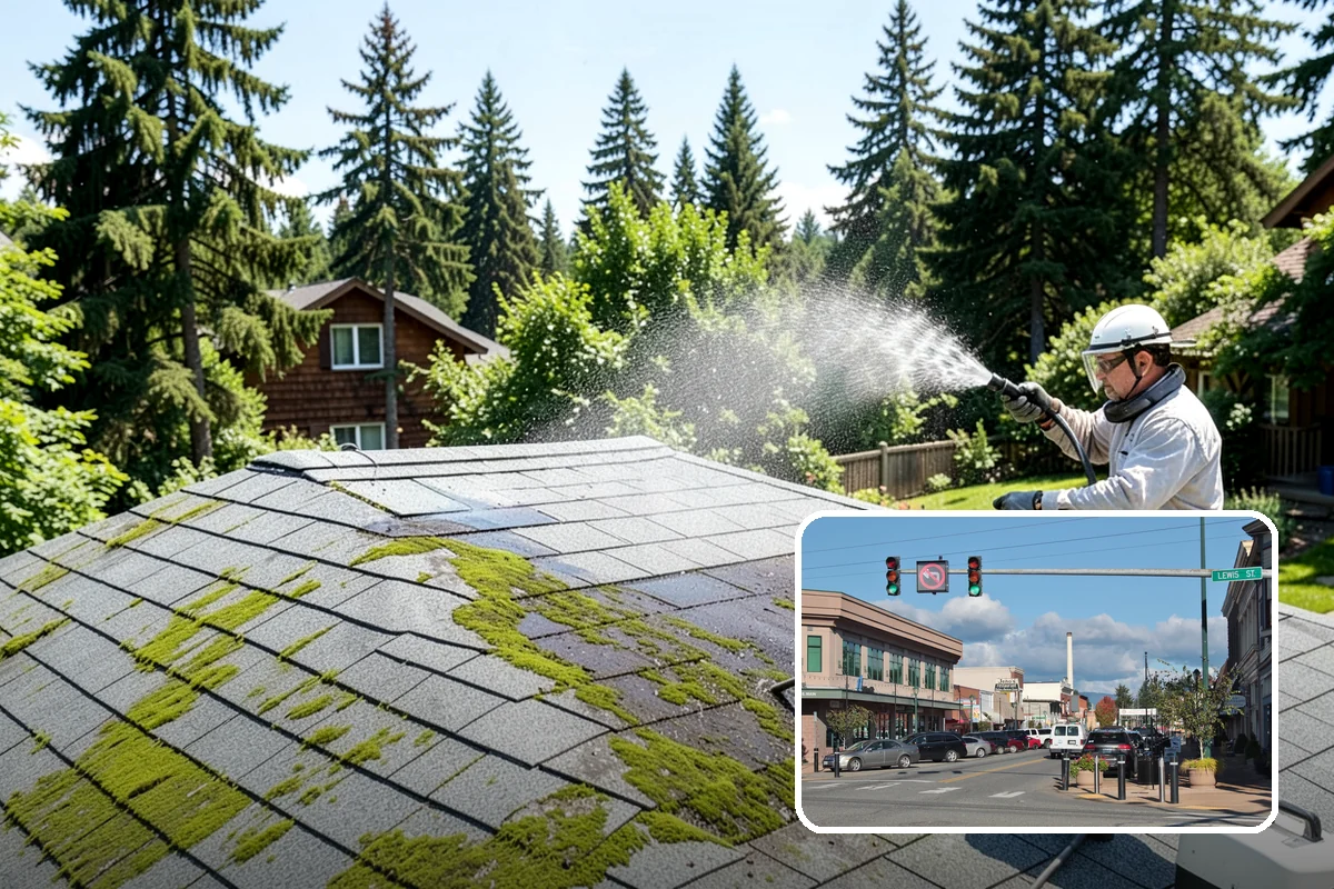 Patio Cover Cleaning in Monroe, Snohomish County, WA - Clears heavy needle and moss buildup from the cover top