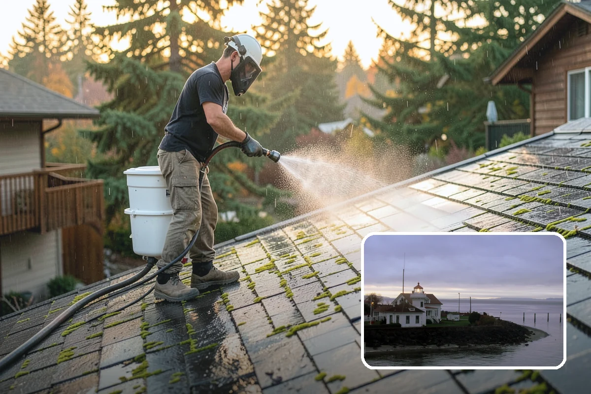 Patio Cover Cleaning in Mukilteo, Snohomish County, WA - Clears heavy needle and moss buildup from the cover top