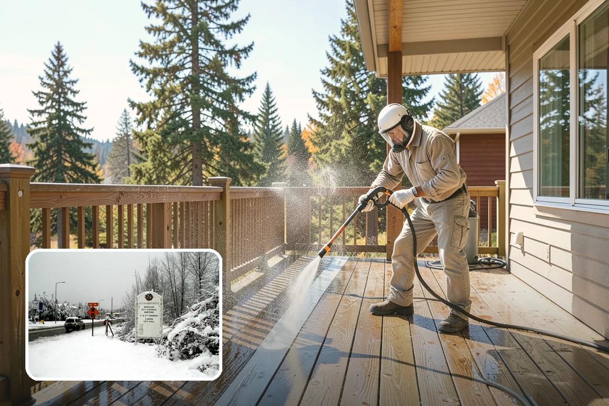 Patio Cover Cleaning in Newcastle, King County, WA - Clears heavy needle and moss buildup from the cover top