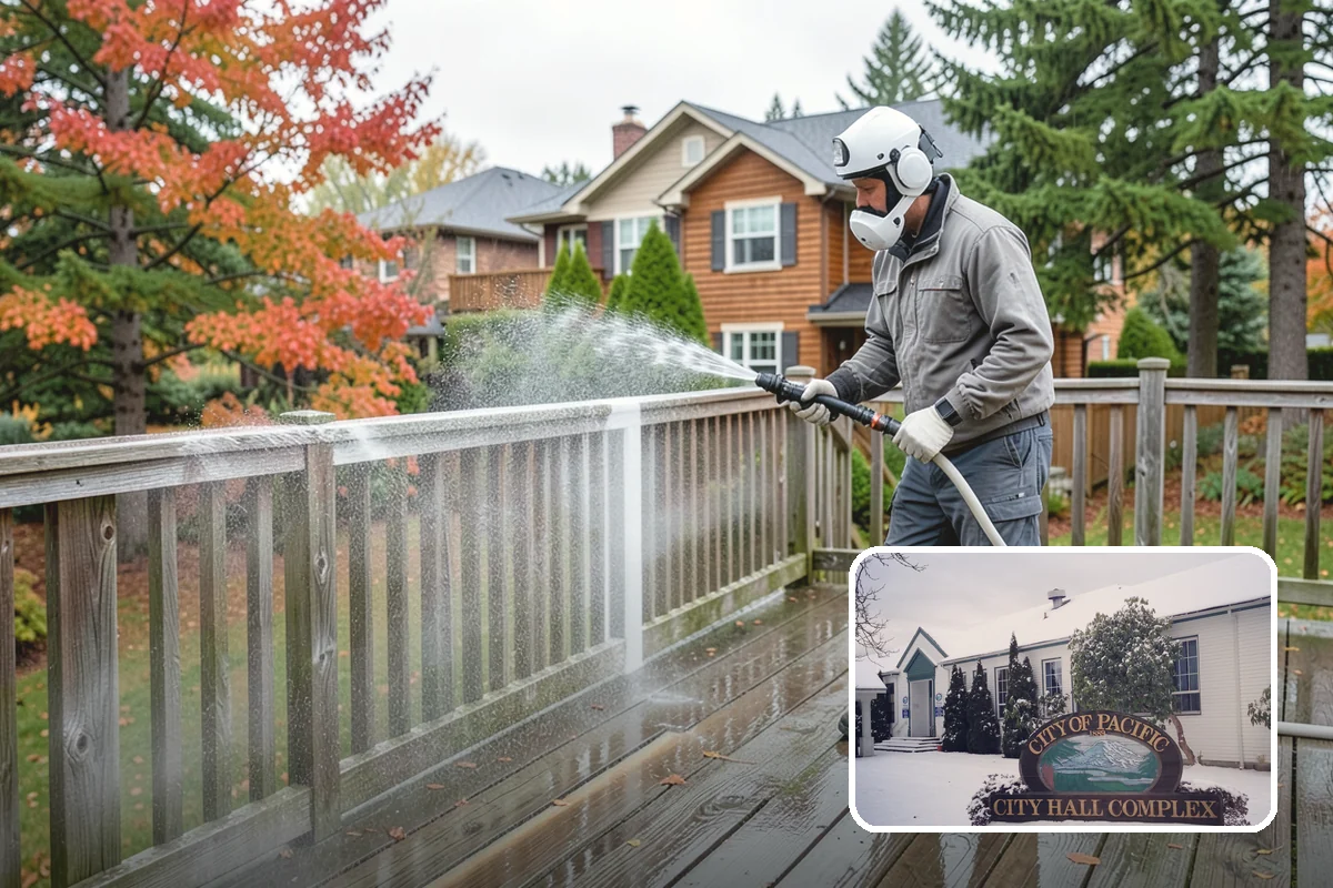 Patio Cover Cleaning in Pacific, King County, WA - Clears heavy needle and moss buildup from the cover top