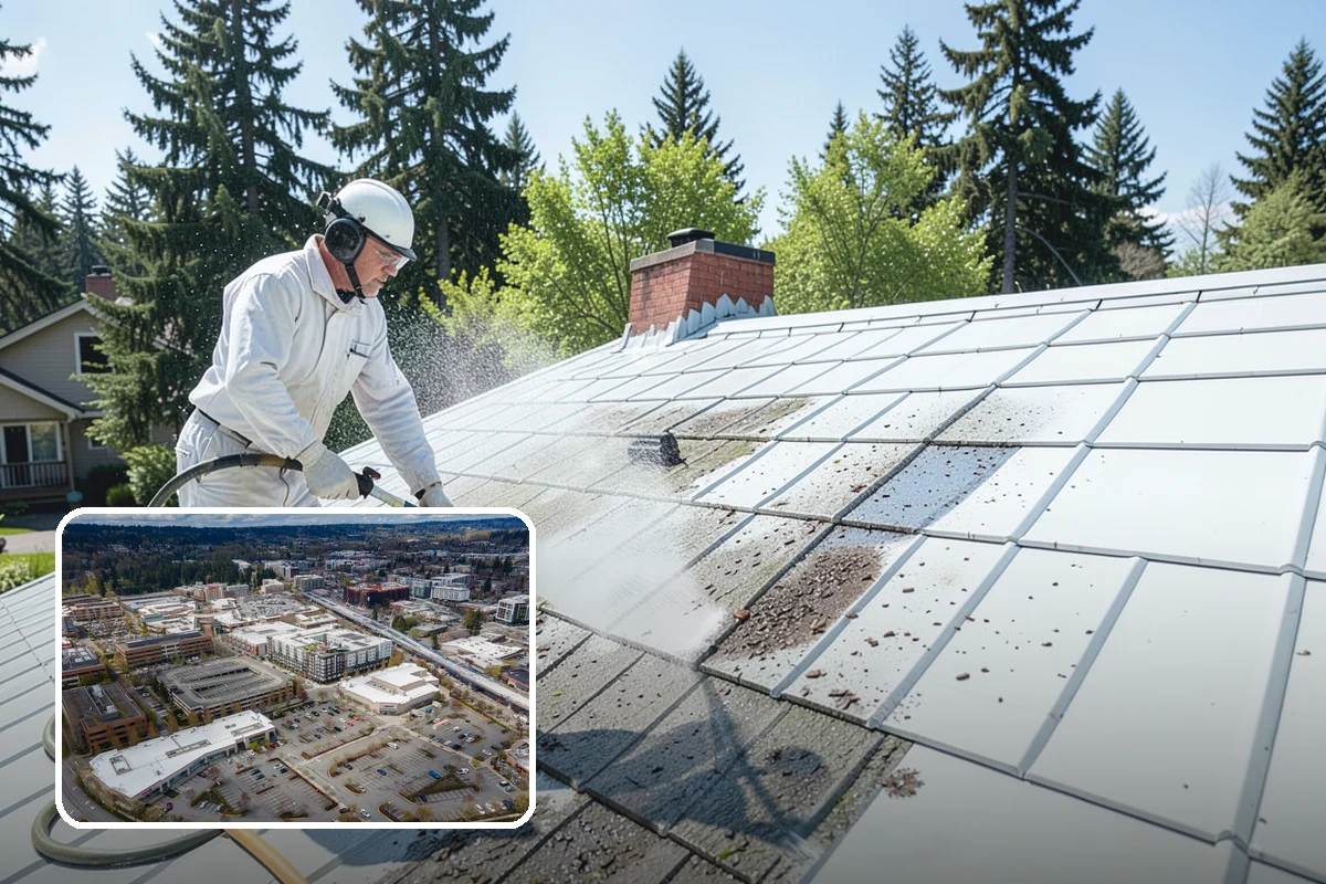 Patio Cover Cleaning in Redmond, King County, WA - Clears heavy needle and moss buildup from the cover top