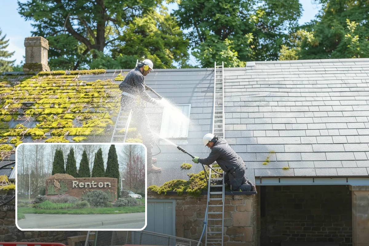 Patio Cover Cleaning in Renton, King County, WA - Clears heavy needle and moss buildup from the cover top