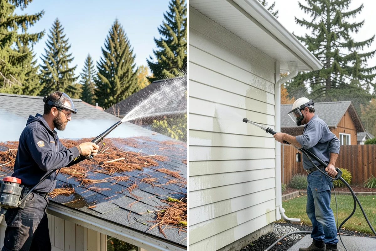 Patio Cover Cleaning in Sedro-Woolley, Skagit County, WA - Blow needles and leaves off the cover surface