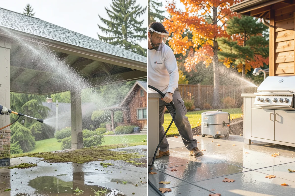 Patio Cover Cleaning in South Prairie, Pierce County, WA - Blow needles and leaves off the cover surface