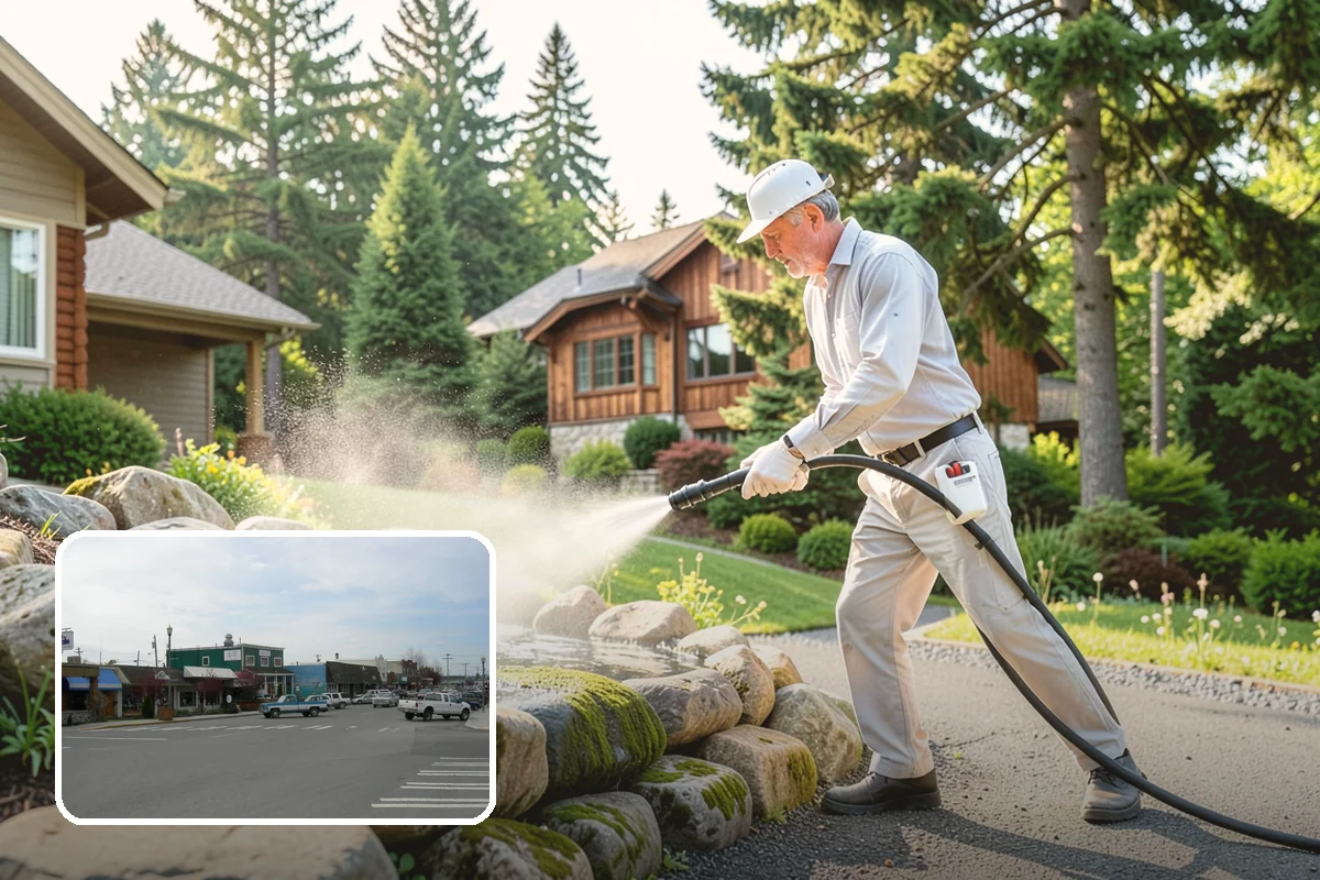 Patio Cover Cleaning in Stanwood, Snohomish County, WA - Clears heavy needle and moss buildup from the cover top