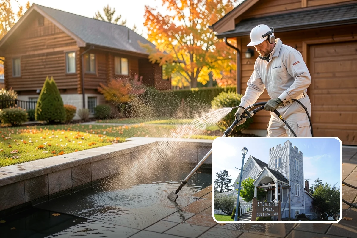 Patio Cover Cleaning in Steilacoom, Pierce County, WA - Clears heavy needle and moss buildup from the cover top