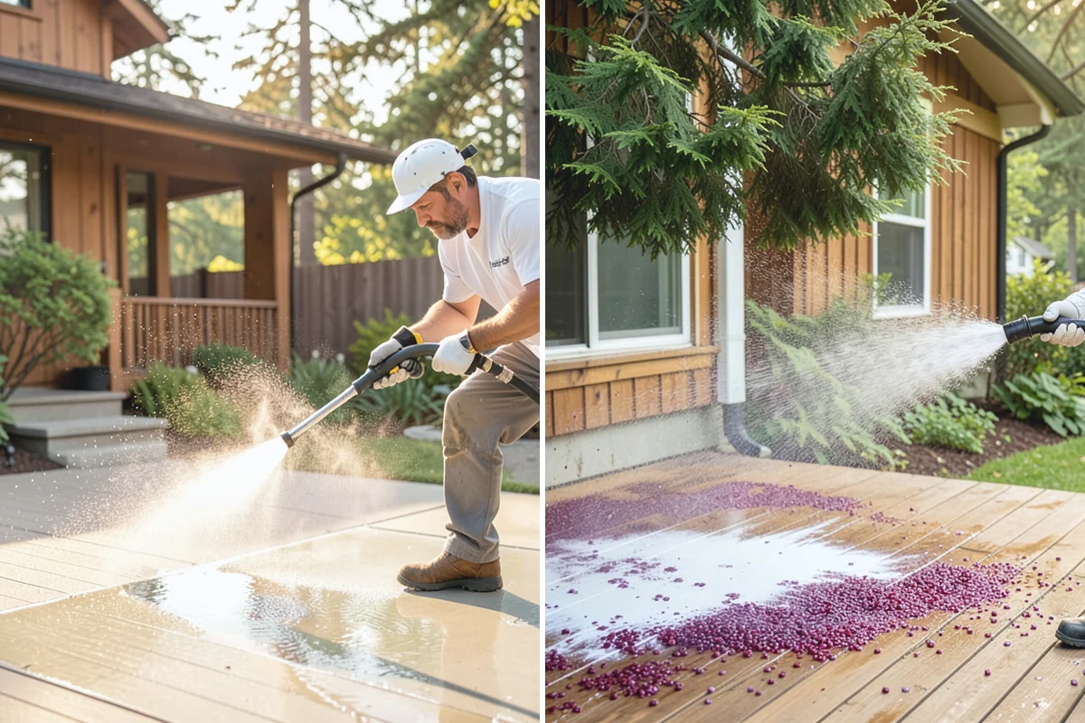 Patio Cover Cleaning in Sumner, Pierce County, WA - Blow needles and leaves off the cover surface