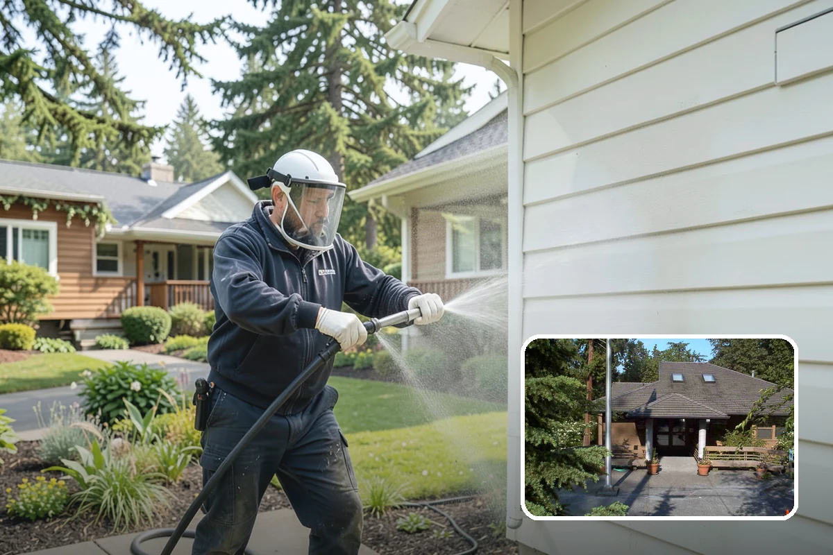 Patio Cover Cleaning in Yarrow Point, King County, WA - Clears heavy needle and moss buildup from the cover top