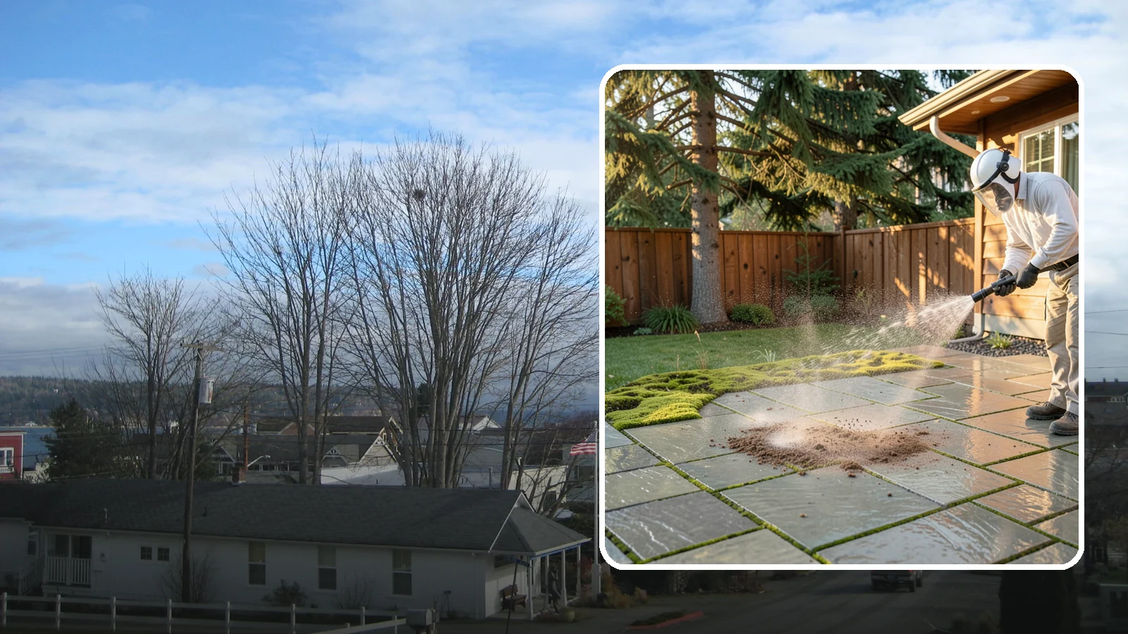 Patio Moss Removal in Langley, Island County, WA - Kill and clear the thick moss mats that Washington's damp shade builds across patios.