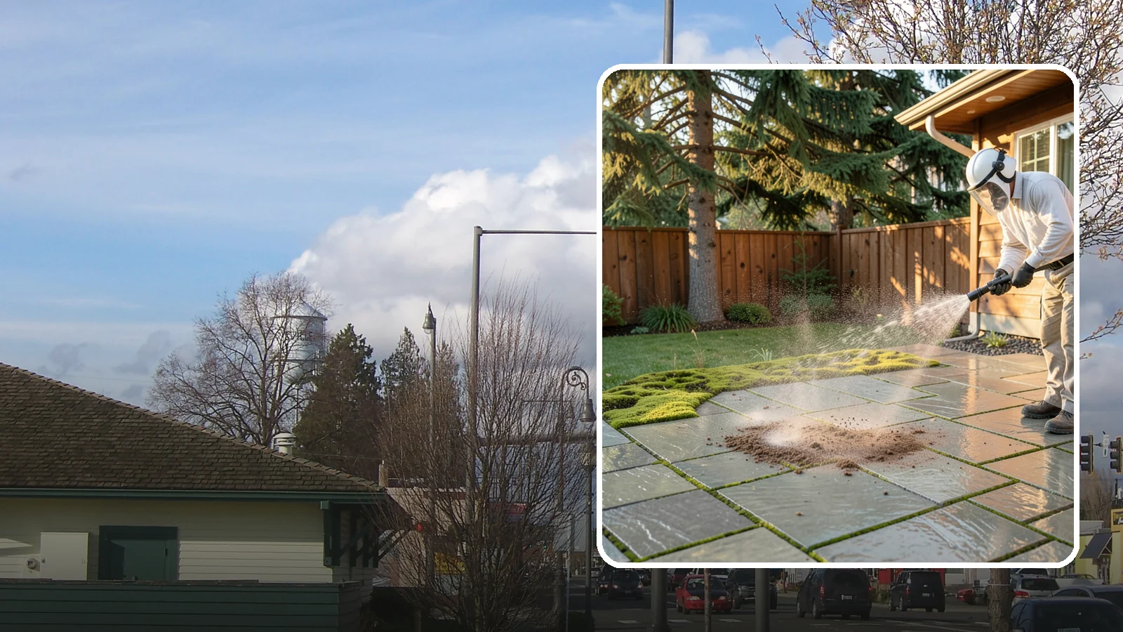 Patio Moss Removal in Marysville, Snohomish County, WA - Kill and clear the thick moss mats that Washington's damp shade builds across patios.