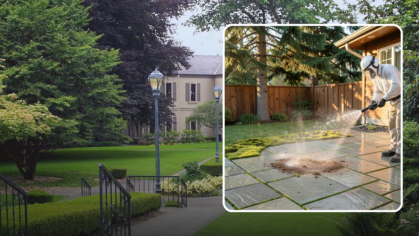 Patio Moss Removal in Woodinville, King County, WA - Kill and clear the thick moss mats that Washington's damp shade builds across patios.