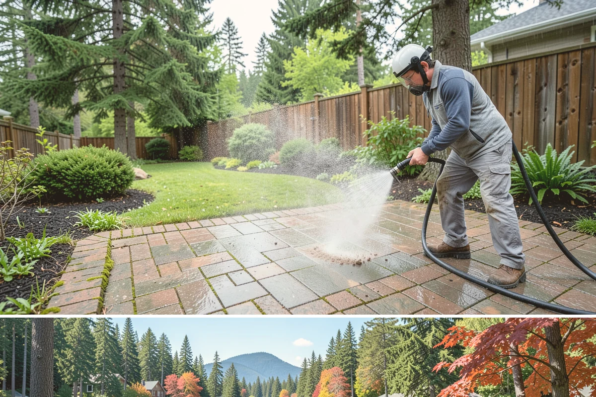 Paver Driveway Cleaning in Covington, King County, WA - Dry summer weather is ideal so fresh joint sand can set without being washed out by rain.