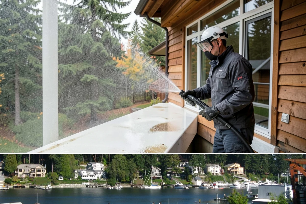 Paver Driveway Cleaning in Gig Harbor, Pierce County, WA - Dry summer weather is ideal so fresh joint sand can set without being washed out by rain.