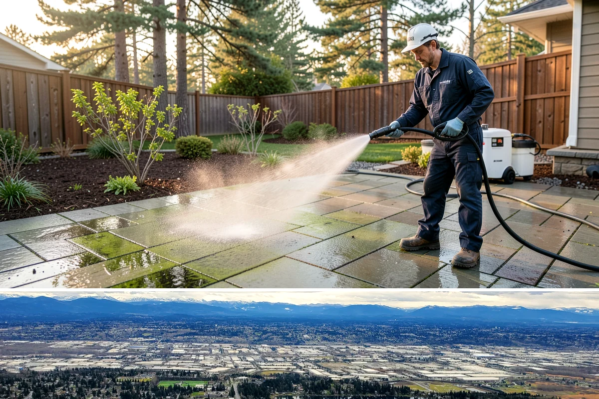 Paver Driveway Cleaning in SeaTac, King County, WA - Dry summer weather is ideal so fresh joint sand can set without being washed out by rain.