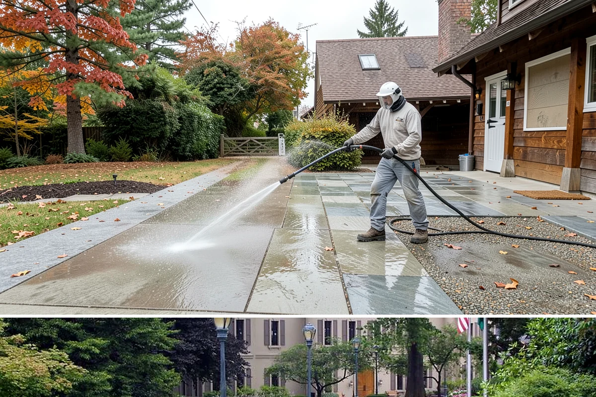 Paver Driveway Cleaning in Woodinville, King County, WA - Dry summer weather is ideal so fresh joint sand can set without being washed out by rain.