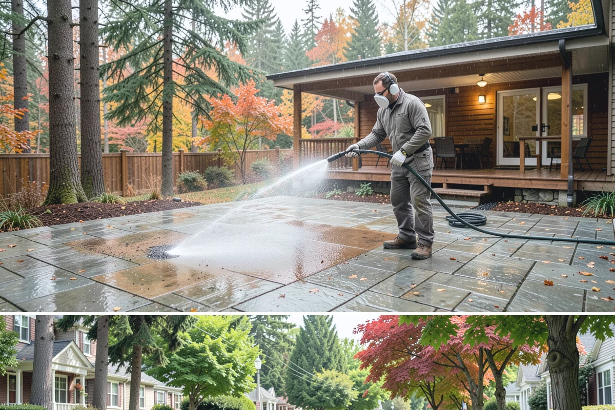 Paver Patio Cleaning in Beaux Arts Village, King County, WA - Paver patios are best cleaned in late summer so new joint sand cures before the rains.