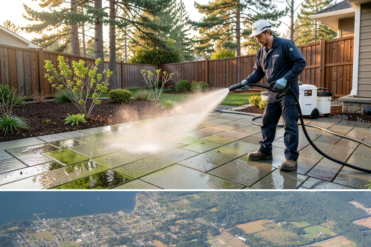 Paver Patio Cleaning in Coupeville, Island County, WA - Paver patios are best cleaned in late summer so new joint sand cures before the rains.