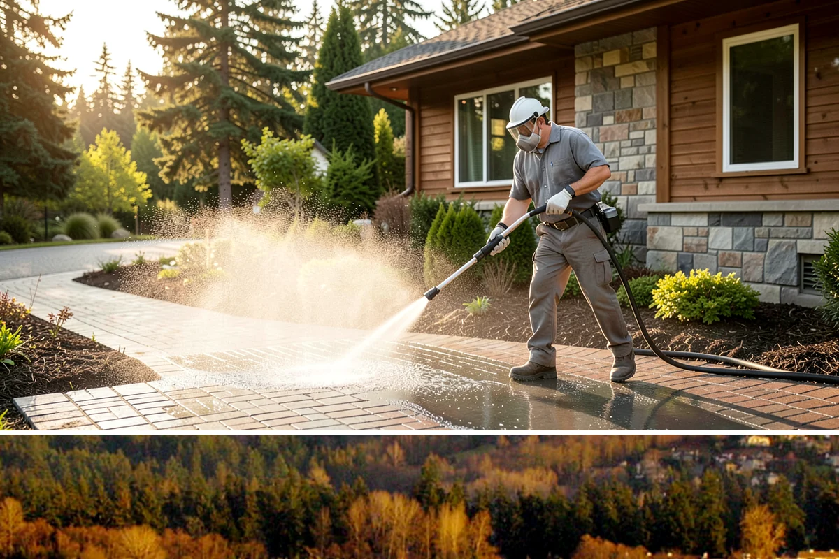 Paver Patio Cleaning in Kenmore, King County, WA - Paver patios are best cleaned in late summer so new joint sand cures before the rains.