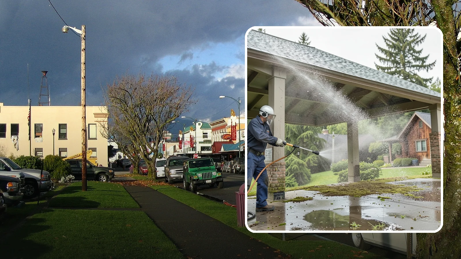 Pavilion Cleaning in Arlington, Snohomish County, WA - Clean large pavilion structures and their roofs to remove the algae and debris common on wide, shaded Northwest builds.