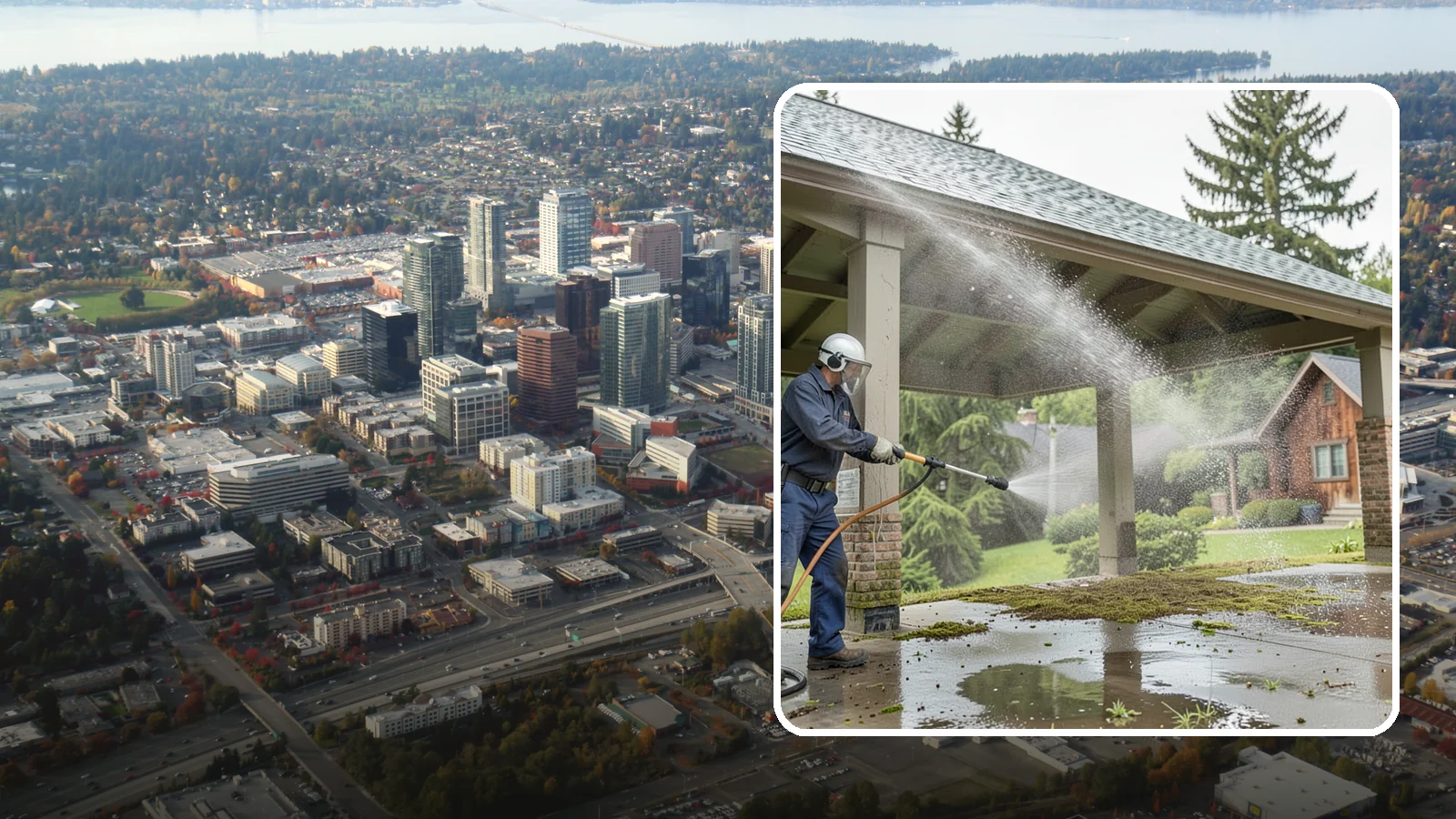 Pavilion Cleaning in Bellevue, King County, WA - Clean large pavilion structures and their roofs to remove the algae and debris common on wide, shaded Northwest builds.