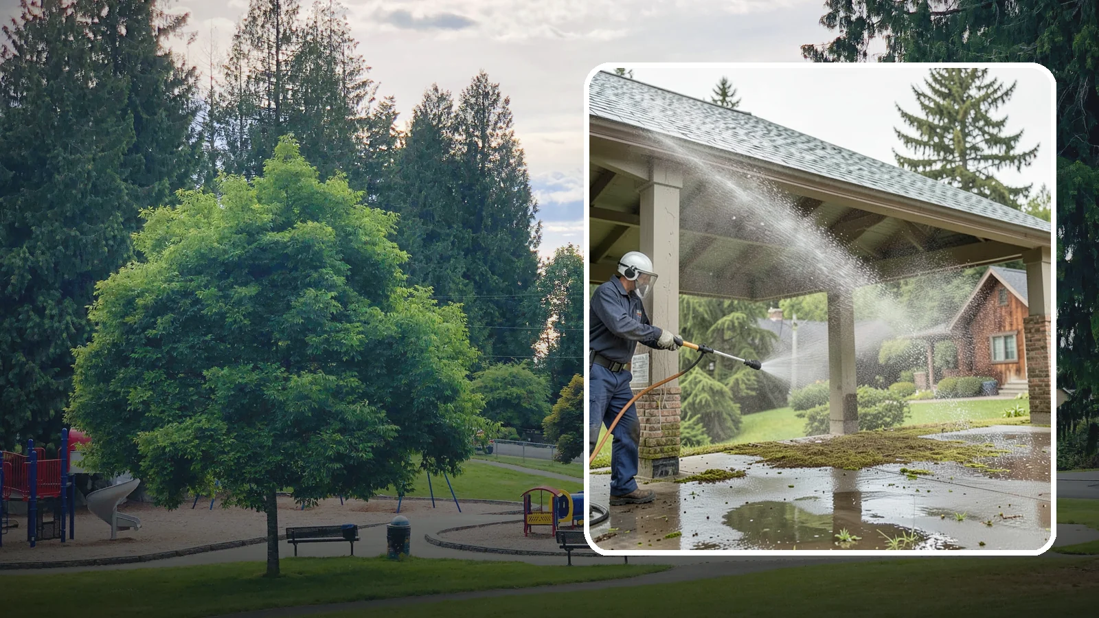Pavilion Cleaning in Bonney Lake, Pierce County, WA - Clean large pavilion structures and their roofs to remove the algae and debris common on wide, shaded Northwest builds.