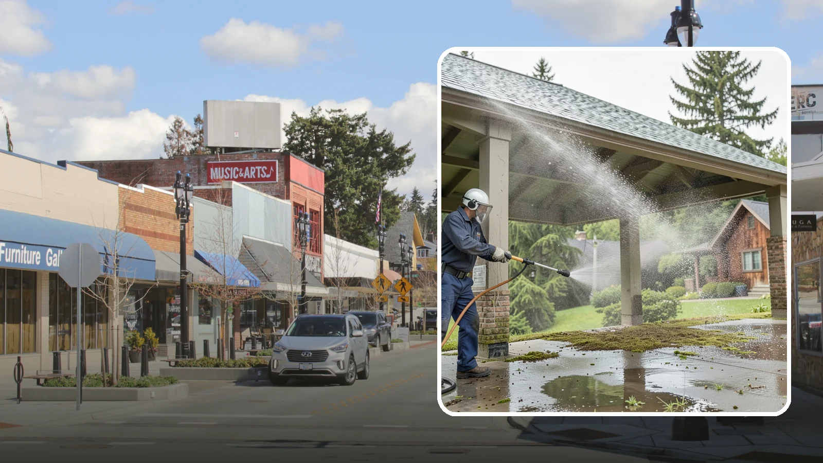 Pavilion Cleaning in Bothell, King County, WA - Clean large pavilion structures and their roofs to remove the algae and debris common on wide, shaded Northwest builds.
