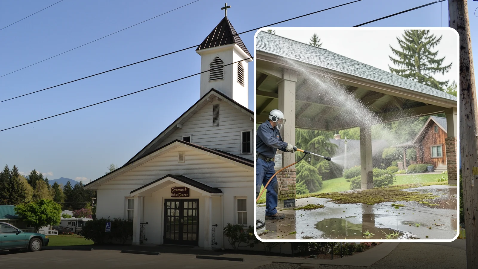 Pavilion Cleaning in Concrete, Skagit County, WA - Clean large pavilion structures and their roofs to remove the algae and debris common on wide, shaded Northwest builds.