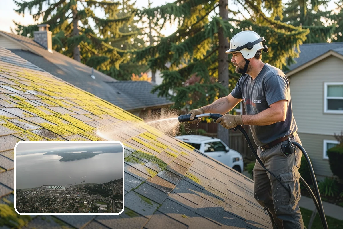 Pavilion Cleaning in Des Moines, King County, WA - Clears algae streaking from broad pavilion roofs