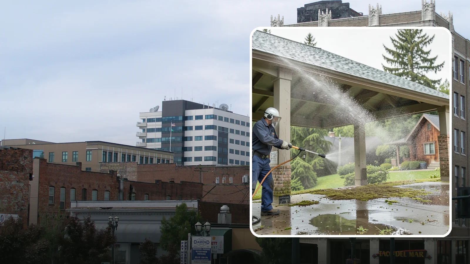 Pavilion Cleaning in Everett, Snohomish County, WA - Clean large pavilion structures and their roofs to remove the algae and debris common on wide, shaded Northwest builds.