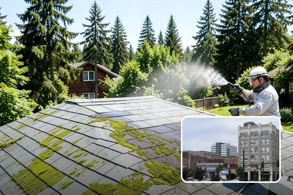 Pavilion Cleaning in Everett, Snohomish County, WA - Clears algae streaking from broad pavilion roofs