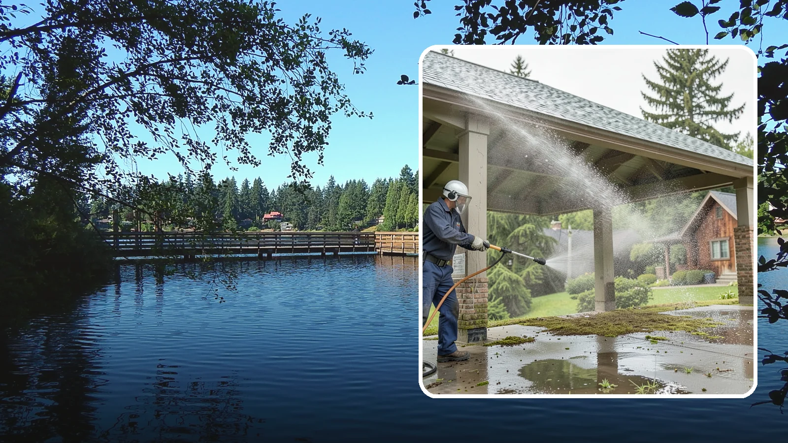 Pavilion Cleaning in Federal Way, King County, WA - Clean large pavilion structures and their roofs to remove the algae and debris common on wide, shaded Northwest builds.