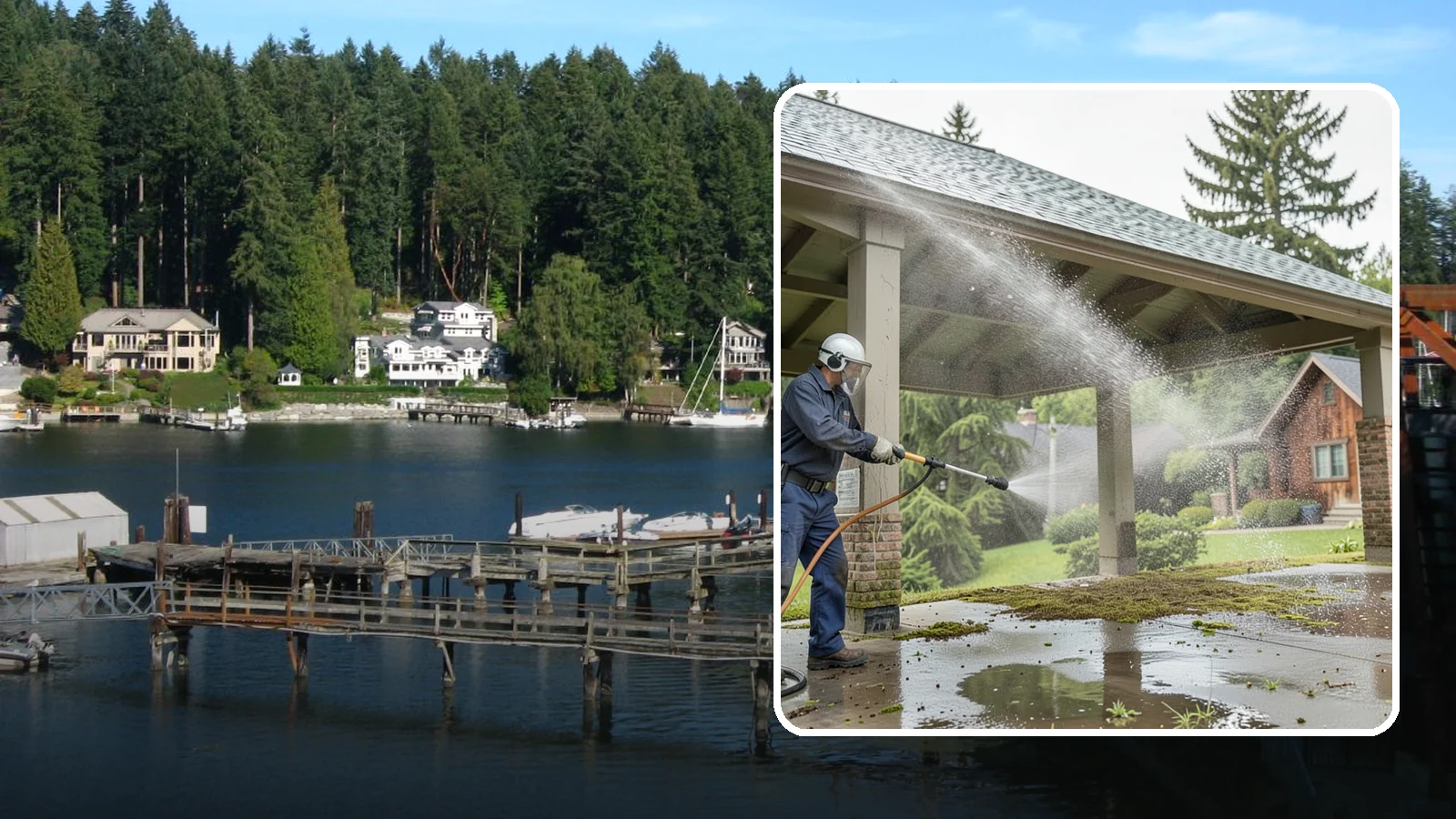 Pavilion Cleaning in Gig Harbor, Pierce County, WA - Clean large pavilion structures and their roofs to remove the algae and debris common on wide, shaded Northwest builds.