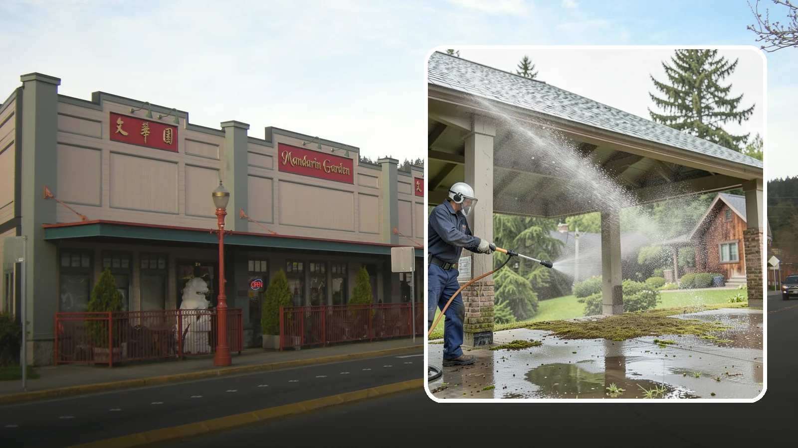 Pavilion Cleaning in Issaquah, King County, WA - Clean large pavilion structures and their roofs to remove the algae and debris common on wide, shaded Northwest builds.
