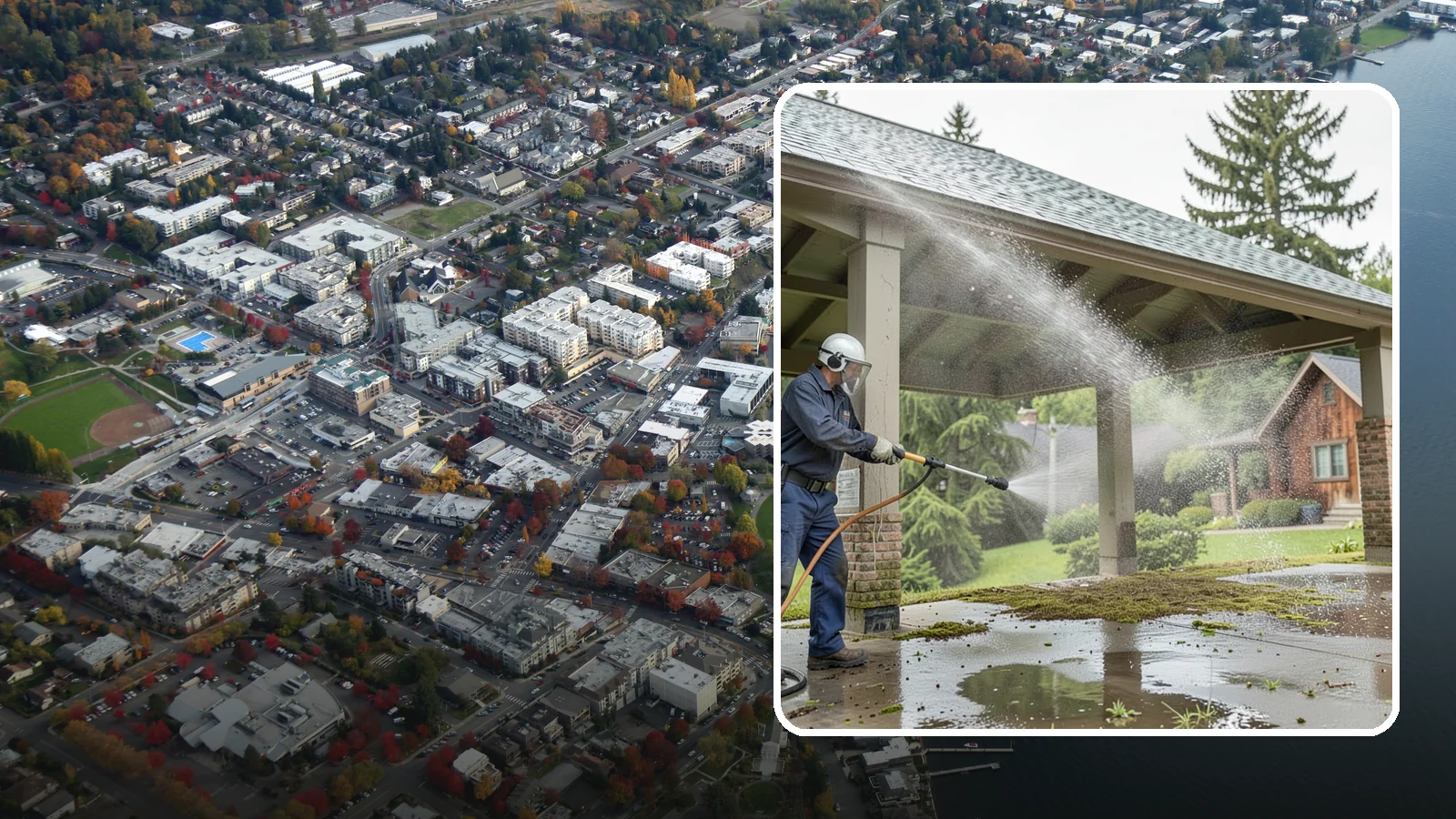 Pavilion Cleaning in Kirkland, King County, WA - Clean large pavilion structures and their roofs to remove the algae and debris common on wide, shaded Northwest builds.