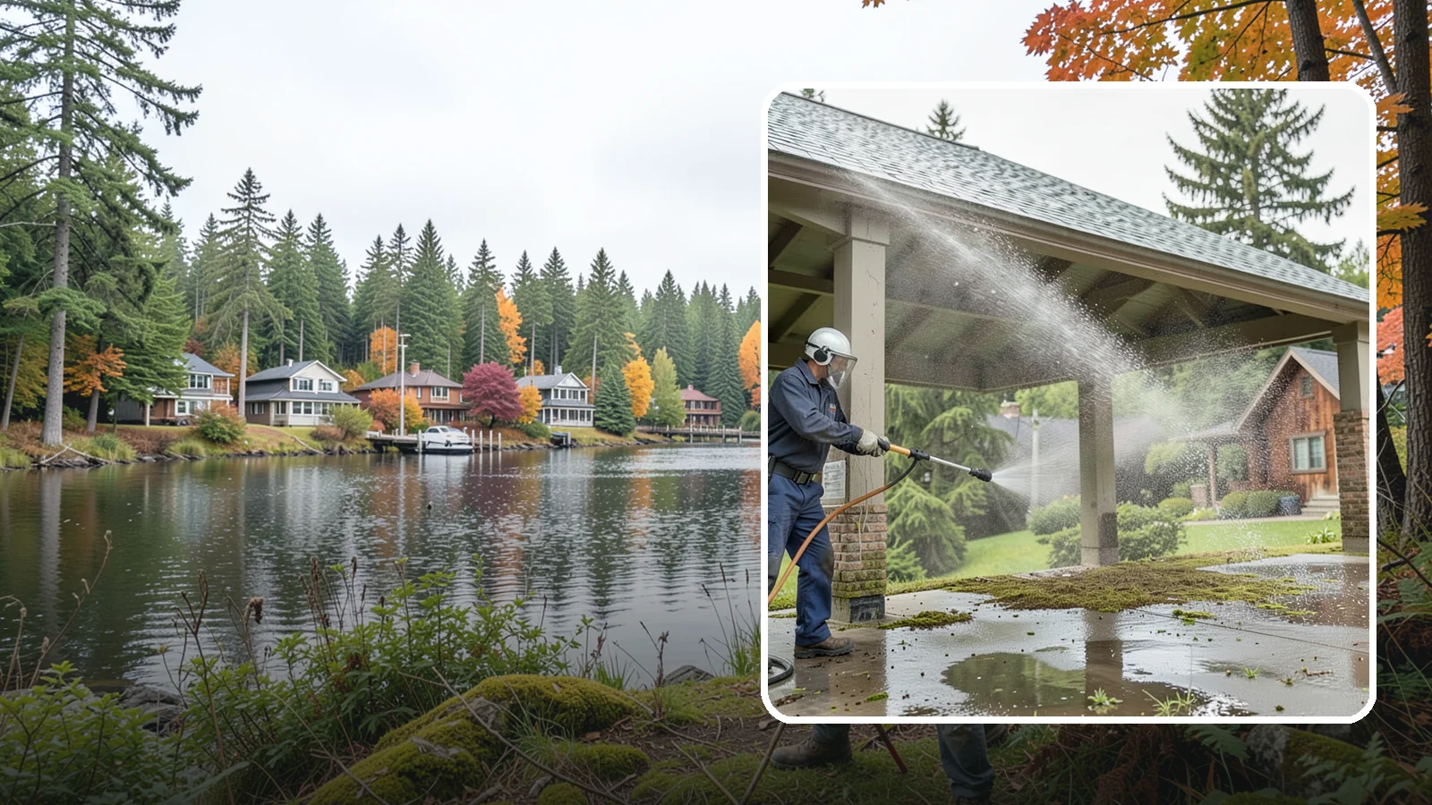 Pavilion Cleaning in La Conner, Skagit County, WA - Clean large pavilion structures and their roofs to remove the algae and debris common on wide, shaded Northwest builds.