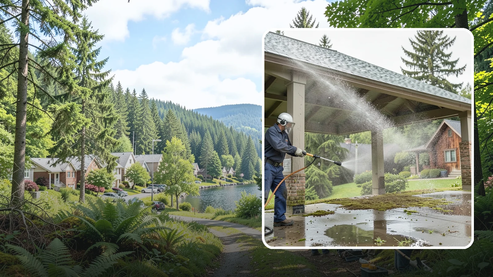 Pavilion Cleaning in Lake Forest Park, King County, WA - Clean large pavilion structures and their roofs to remove the algae and debris common on wide, shaded Northwest builds.