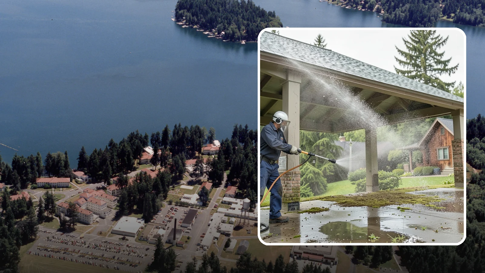 Pavilion Cleaning in Lakewood, Pierce County, WA - Clean large pavilion structures and their roofs to remove the algae and debris common on wide, shaded Northwest builds.