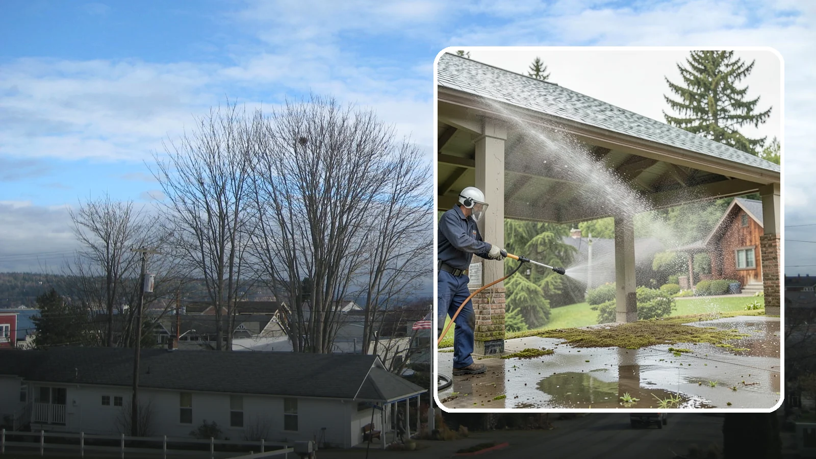 Pavilion Cleaning in Langley, Island County, WA - Clean large pavilion structures and their roofs to remove the algae and debris common on wide, shaded Northwest builds.
