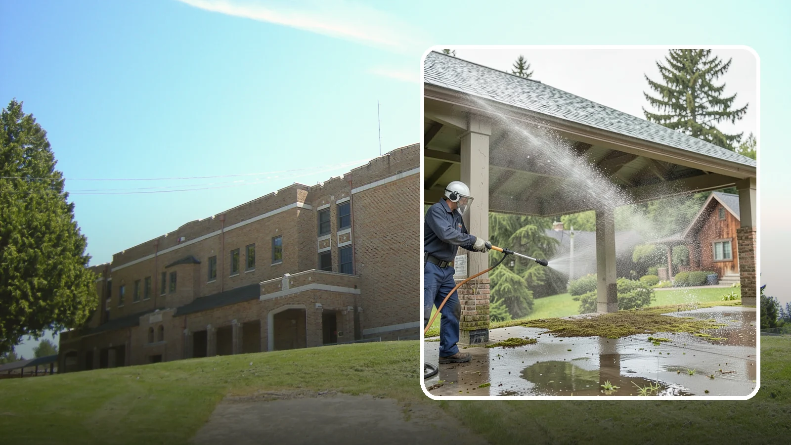 Pavilion Cleaning in Maple Valley, King County, WA - Clean large pavilion structures and their roofs to remove the algae and debris common on wide, shaded Northwest builds.