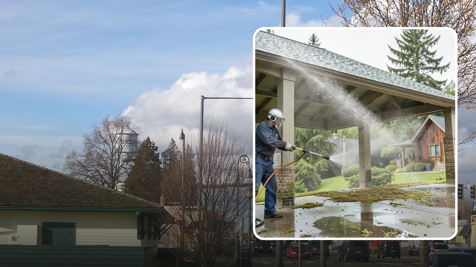 Pavilion Cleaning in Marysville, Snohomish County, WA - Clean large pavilion structures and their roofs to remove the algae and debris common on wide, shaded Northwest builds.