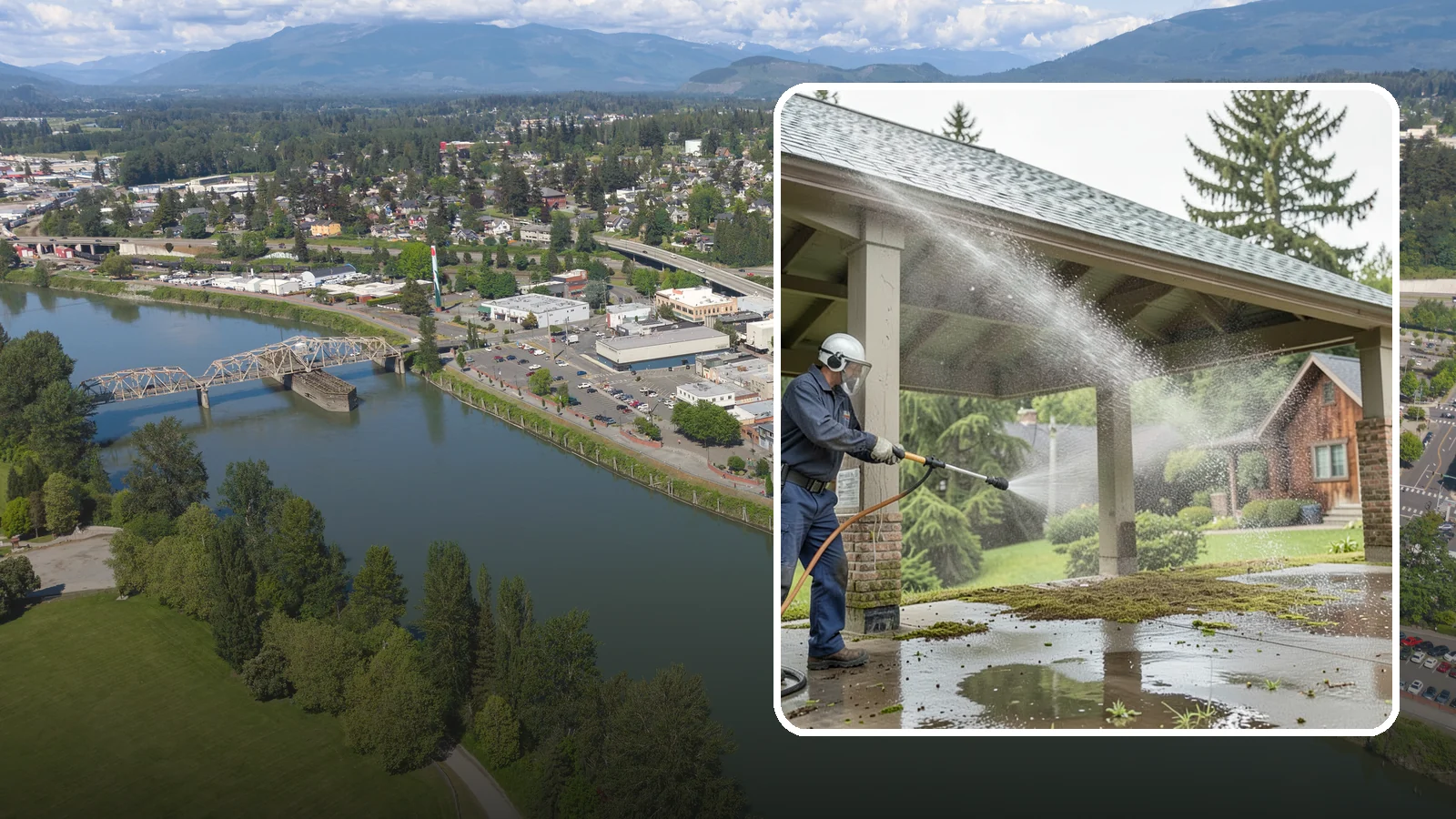 Pavilion Cleaning in Mount Vernon, Skagit County, WA - Clean large pavilion structures and their roofs to remove the algae and debris common on wide, shaded Northwest builds.