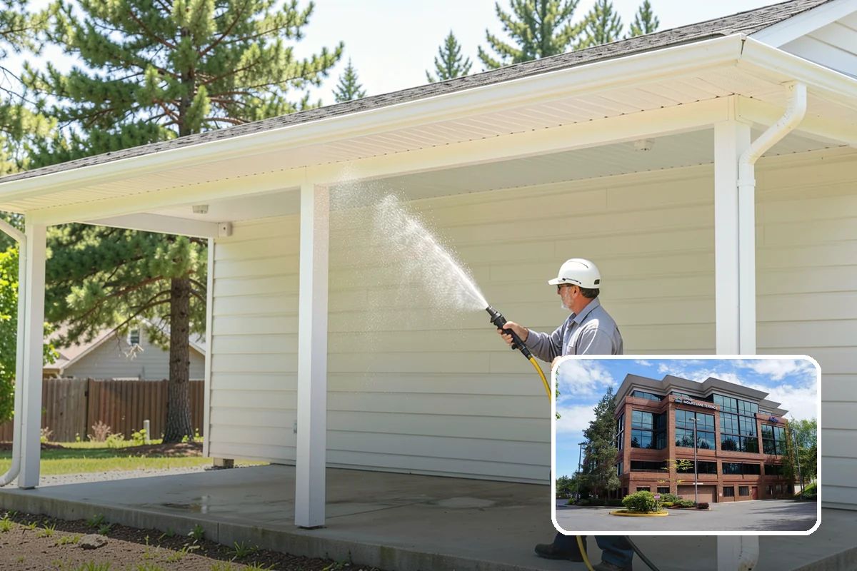 Pavilion Cleaning in Mountlake Terrace, Snohomish County, WA - Clears algae streaking from broad pavilion roofs