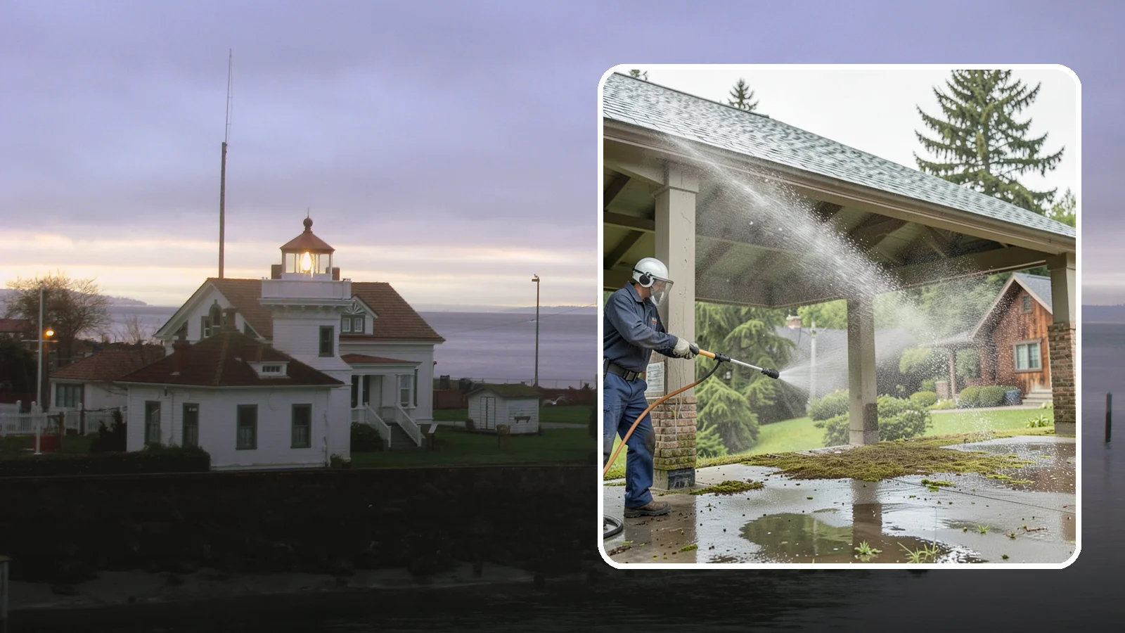 Pavilion Cleaning in Mukilteo, Snohomish County, WA - Clean large pavilion structures and their roofs to remove the algae and debris common on wide, shaded Northwest builds.