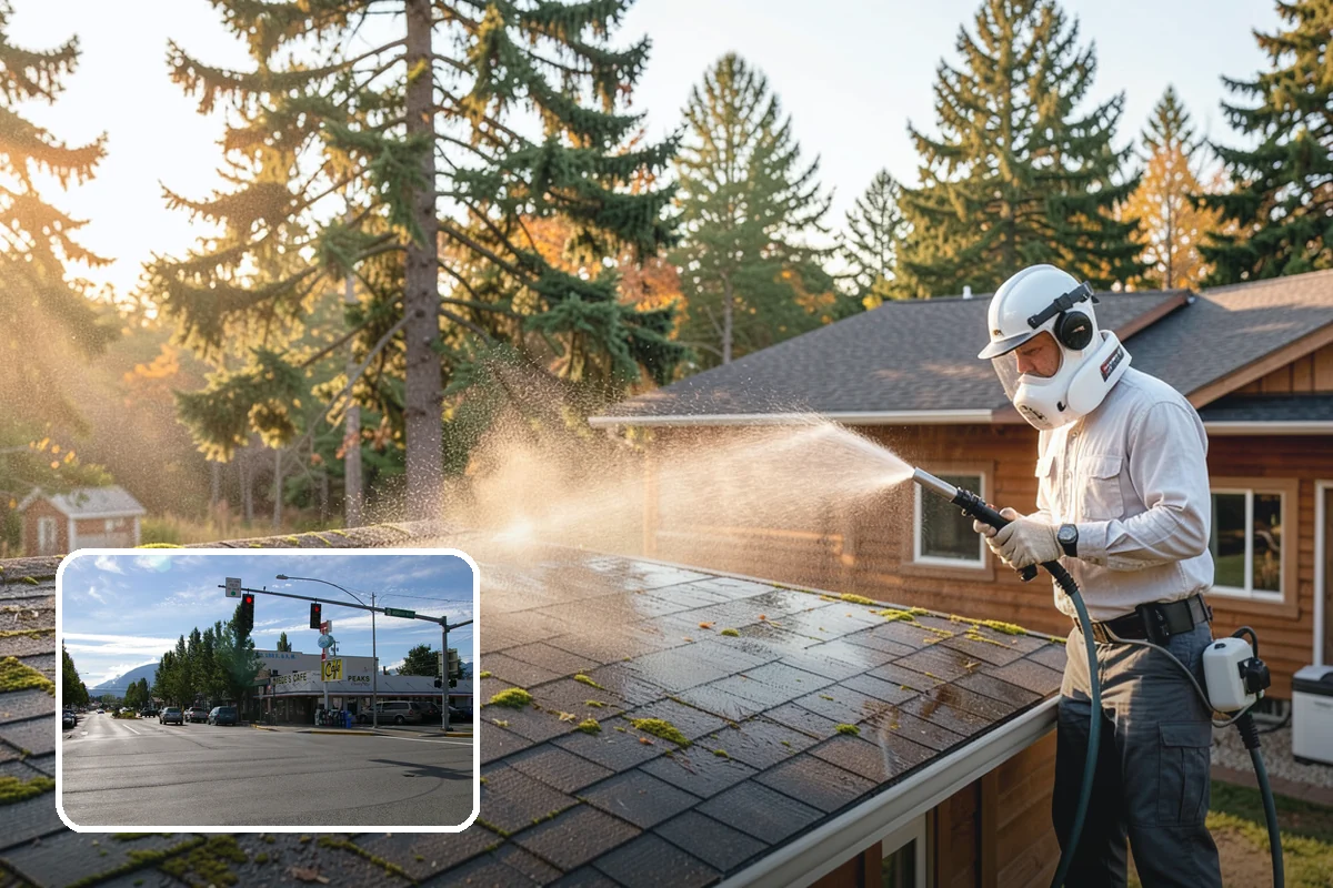 Pavilion Cleaning in North Bend, King County, WA - Clears algae streaking from broad pavilion roofs