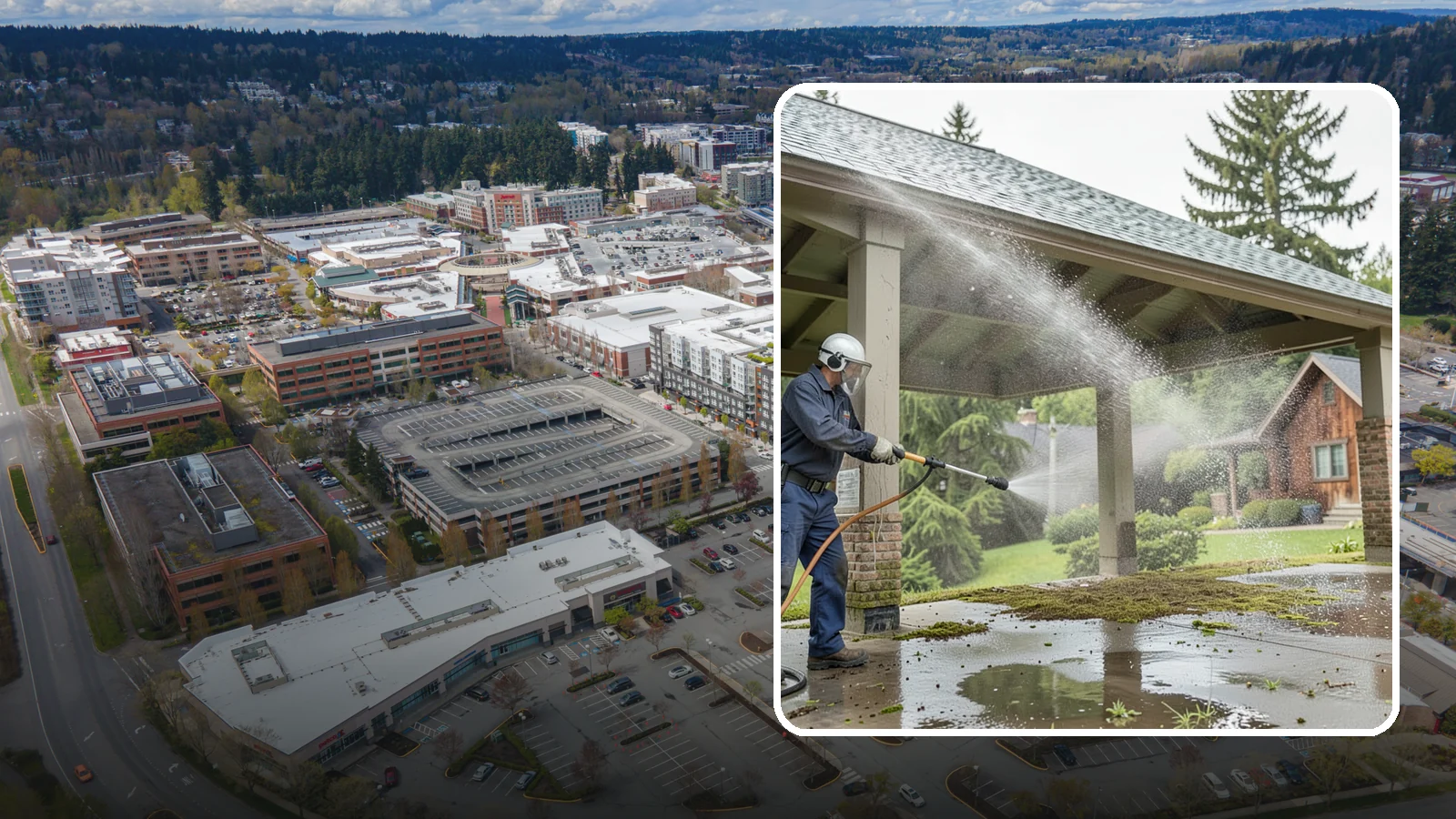 Pavilion Cleaning in Redmond, King County, WA - Clean large pavilion structures and their roofs to remove the algae and debris common on wide, shaded Northwest builds.