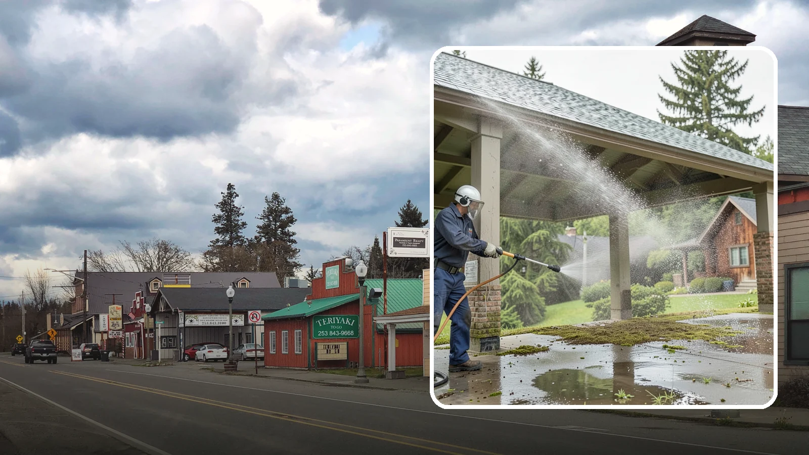 Pavilion Cleaning in Roy, Pierce County, WA - Clean large pavilion structures and their roofs to remove the algae and debris common on wide, shaded Northwest builds.